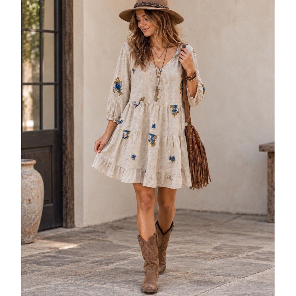 Hope Springs Linen Blend Tunic Dress Floral Embroidered Tiered Boho Cottage Sz S